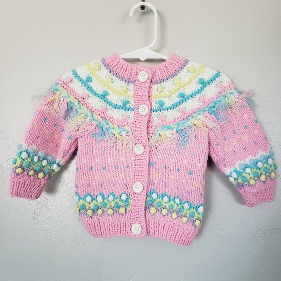 Baby Platinum Vintage Baby Girl 12 Months Knit Sweater Cardigan Pink Pom Fringe - Picture 1 of 6